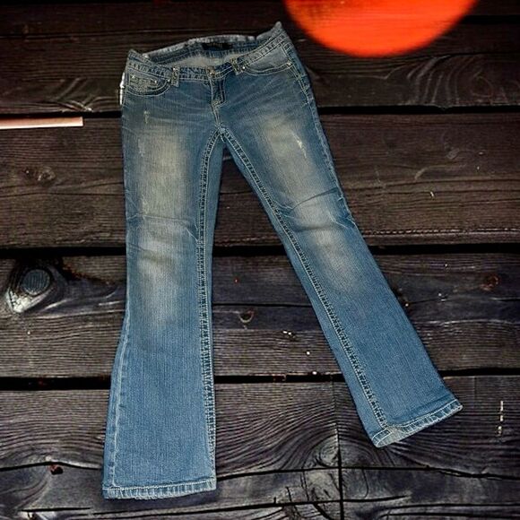 Rue21 Jeans Bootcut Premiere Embellished Cross 5 Pocket Distressed Denim 7/8 Y2K - Picture 5 of 16